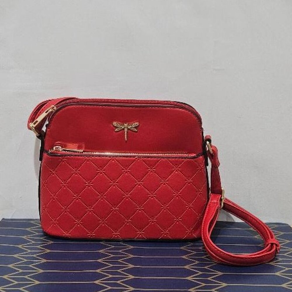 New RED CROSSBODY QUILTED VEGAN LEATHER GOLD ZIPPER PURSE BAG SUMMER JULY 4TH